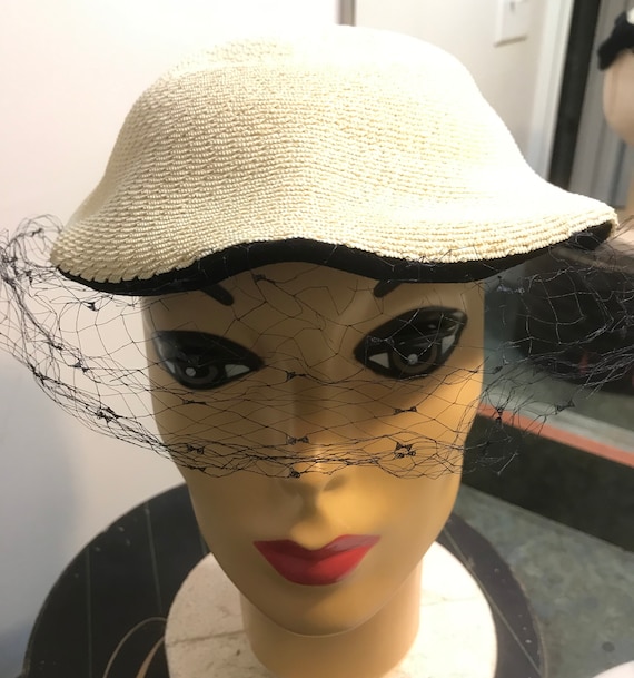 1930’s cocktail hat 1930s Black Pleated Cocktail Hat Wide Brim with White  main image 3
