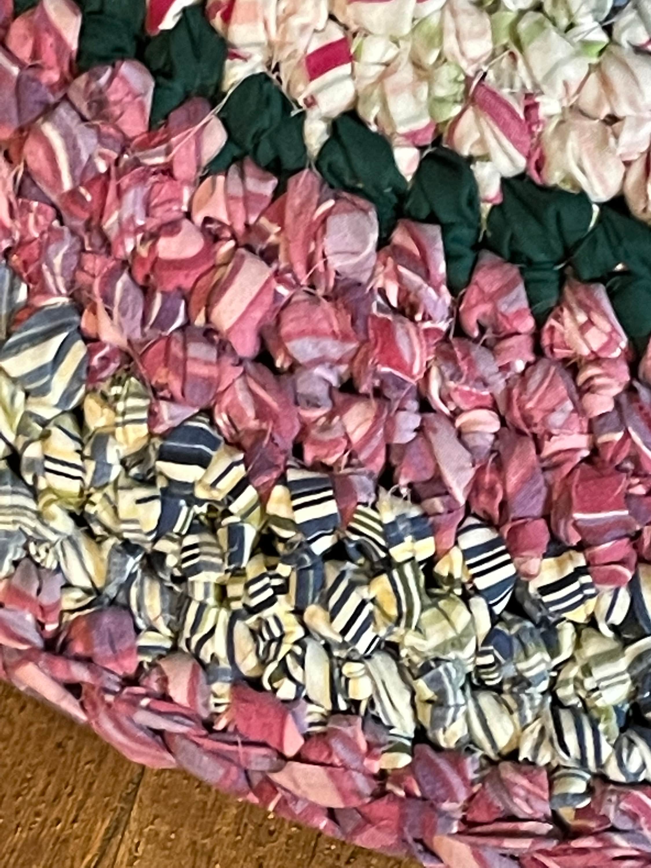 Handmade Farmhouse Rag Rug 32 Inch Diameter Reds, Blues and Mauves