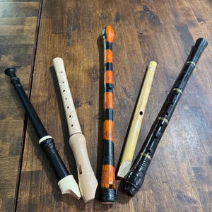 May include: Five recorders of varying colors and designs are arranged on a wooden surface. The recorders include black, natural wood, orange and black striped, and bamboo-colored instruments. Each recorder has a unique design and shape.
