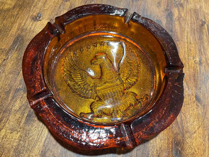 Large Heavy Amber Glass Ashtray With Eagle and Stars1960 Era Etsy