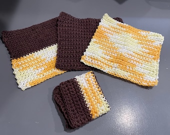 Farmhouse Dishcloths Brown with Yellow White Mix Handmade Crochet Qty of 4