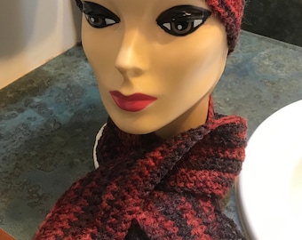 Handmade Adults Crocheted Jogger Headband or Winter Ear Cover with Neck Scarf "Mixed Shades of Mauve"
