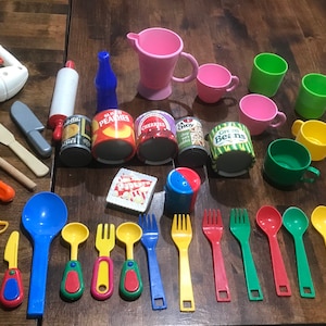 Large Qty of Vintage Pretend Realistic Play Food and Utensils etc