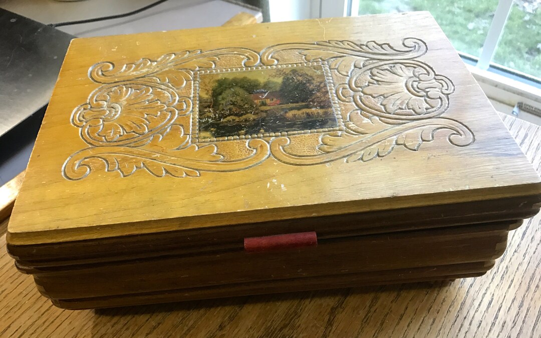 Vintage Cedar Chest Jewelry Box With Feet and Picture on Top Etsy
