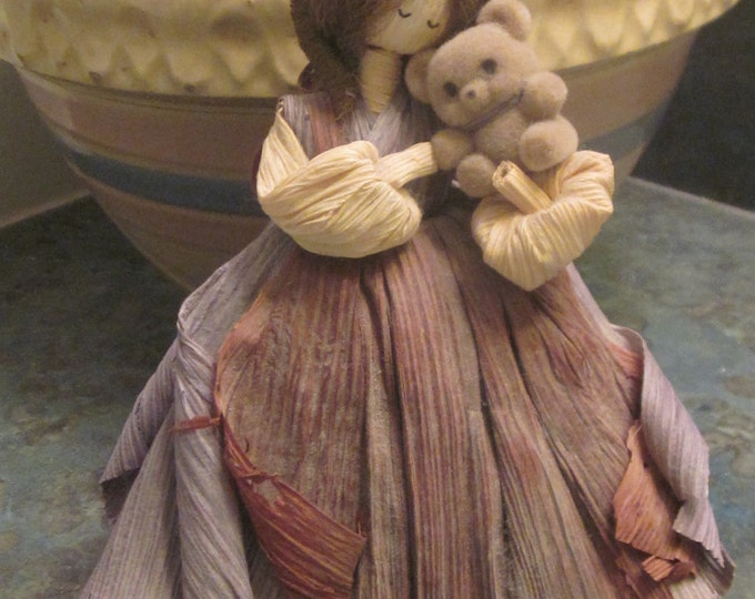 Nan's Corn Husk Doll Girl Holding Teddy Bear 1985 Era Etsy