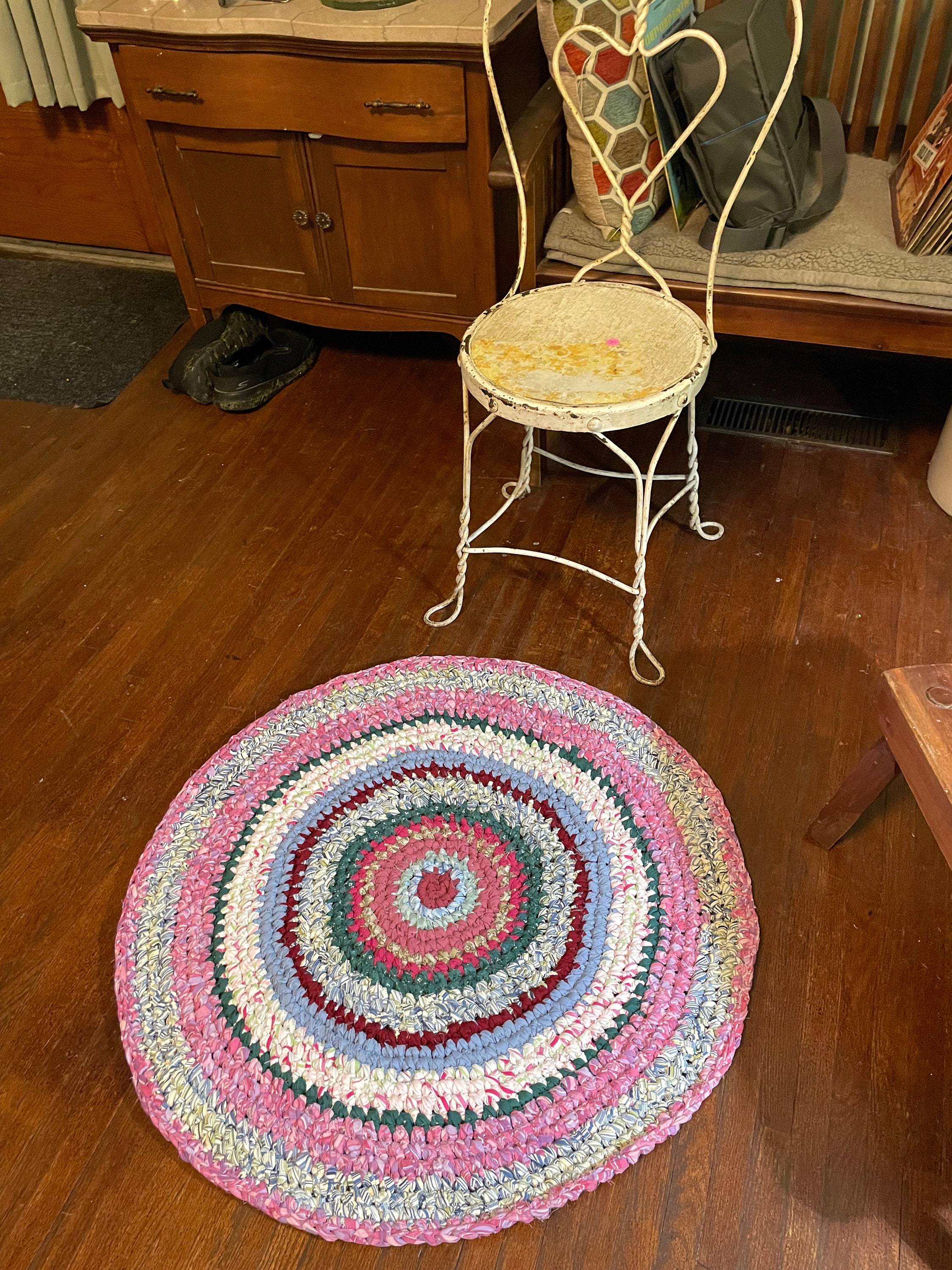 Handmade Farmhouse Rag Rug 32 Inch Diameter Reds, Blues and Mauves