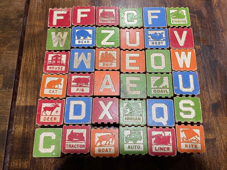 Block Lettering 1930s 1930s 40s Grooved Wood Stacking Animal Vehicles and Letters Blocks Etc ...