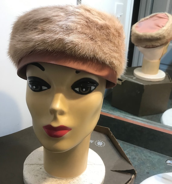 Vintage Darcel Satin And Genuine Fur Pillbox Hat Vintage Brown Fur Pillbox Hat With Satin Darcel Exclusive  main image 3