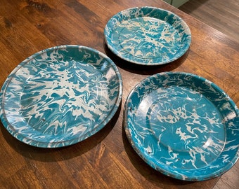 1930's Aqua Enamelware Splatterware Graniteware Plates or Pie Tins Qty of 3