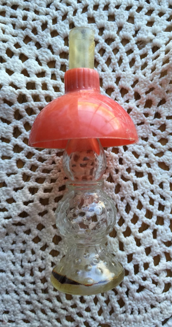 Vintage Lander Oil Lamp Perfume Bottle 4 1/4 " Red and White Swirls Shade