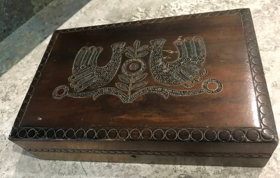 Vintage Box with Carved Birds and Inlaid Copper