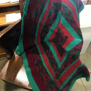 Handmade Crocheted Adult Lap Blanket Afghan Maroon, Red, and Greens