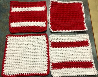 Farmhouse Dishcloths Red and White Handmade Crochet Qty of 4