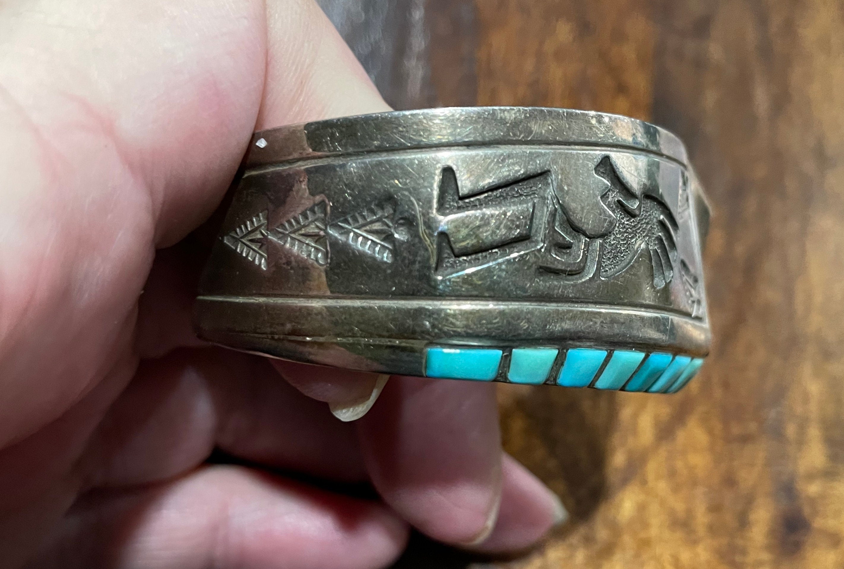 Native American Zuni Sterling and Turquoise Wide Engraved Cuff Bracelet ...