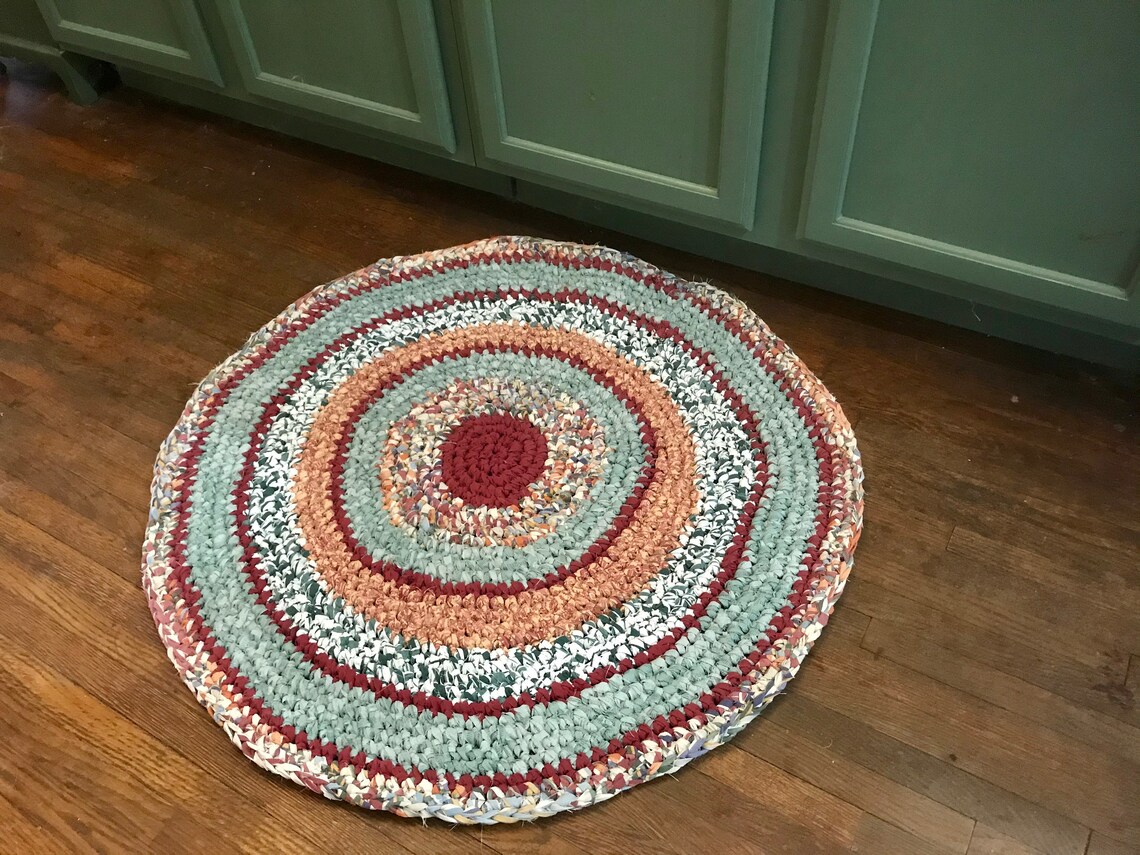 Handmade Farmhouse Rag Rug 33 Inch Diameter Greens and Mauves Etsy