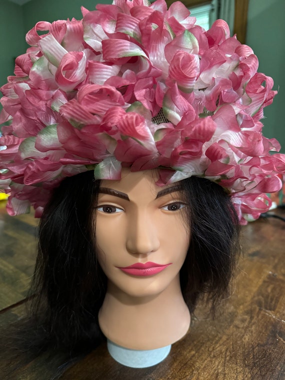 1950's Huge Pillbox Pink Floral Hat