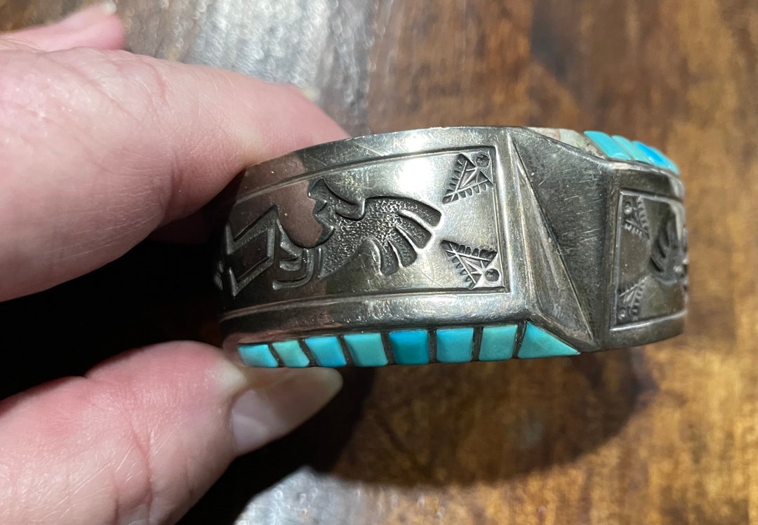 Native American Zuni Sterling and Turquoise Wide Engraved Cuff Bracelet ...