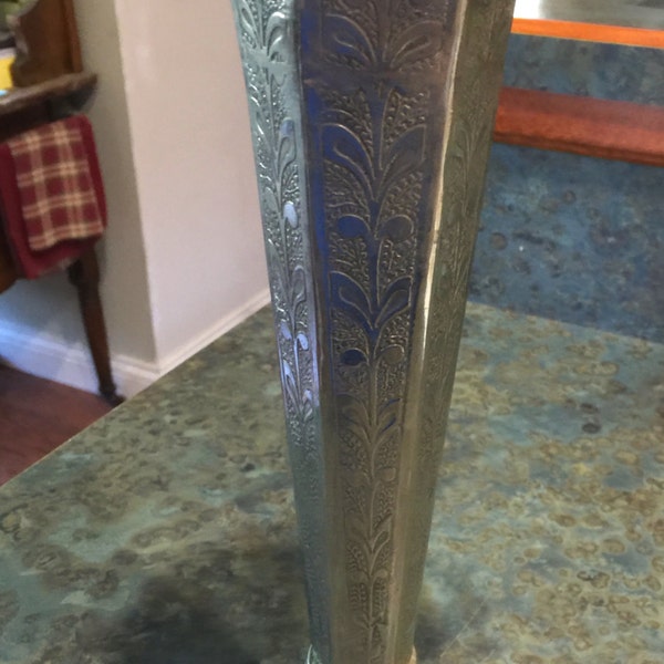 Metal Engraved 12 " Tall Vase Silver Tone Color 1960-70 Era