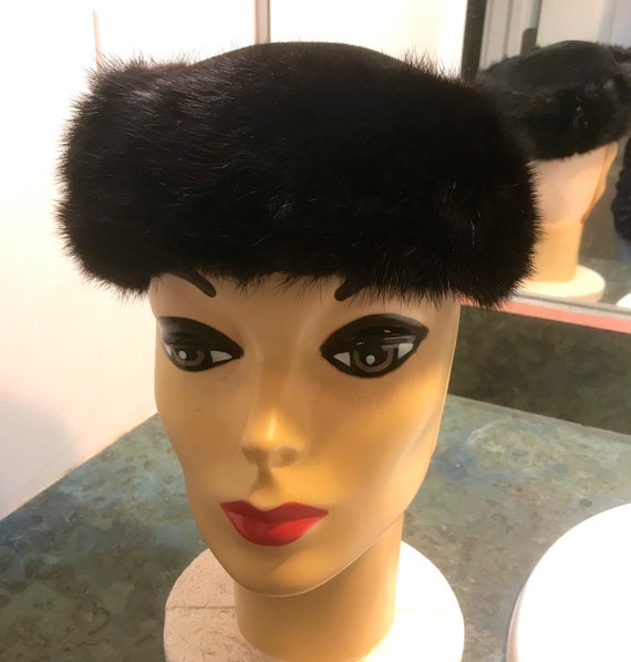 Vintage Black Rabbit Hair and Velour Pill Box Hat… - image 1