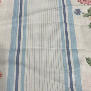 May include: White fabric with blue and light blue stripes. The fabric has a floral pattern with pink, blue, and green flowers.