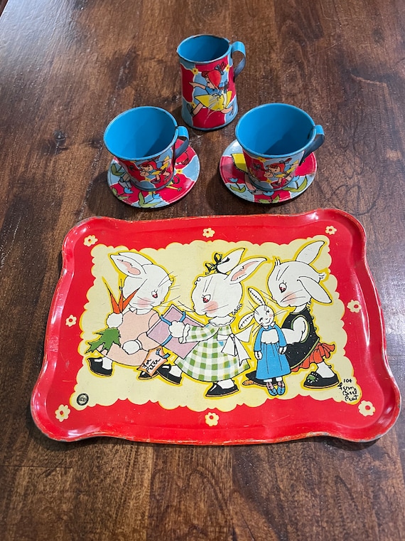 1940's 50s Ohio Art Toy Tin Childs Metal Tray Saucers Cups Pitcher