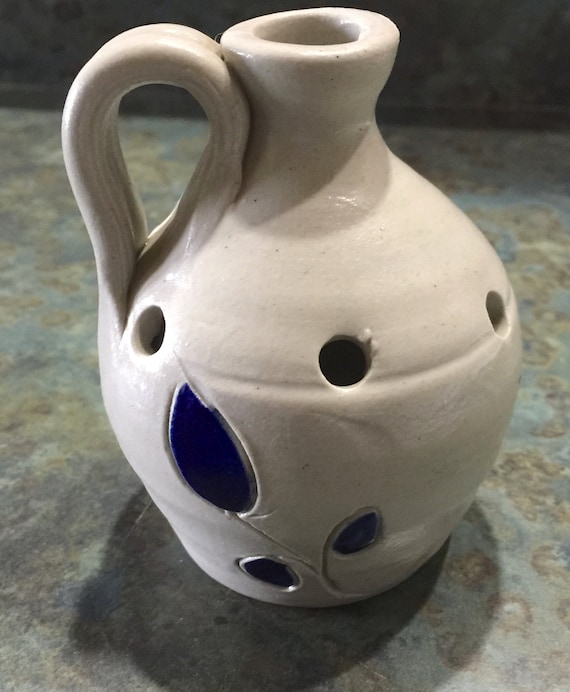 Vintage Williamsburg Pottery Blue and Gray Salt Glazed Pottery Jug Flower Frog 1970 Era