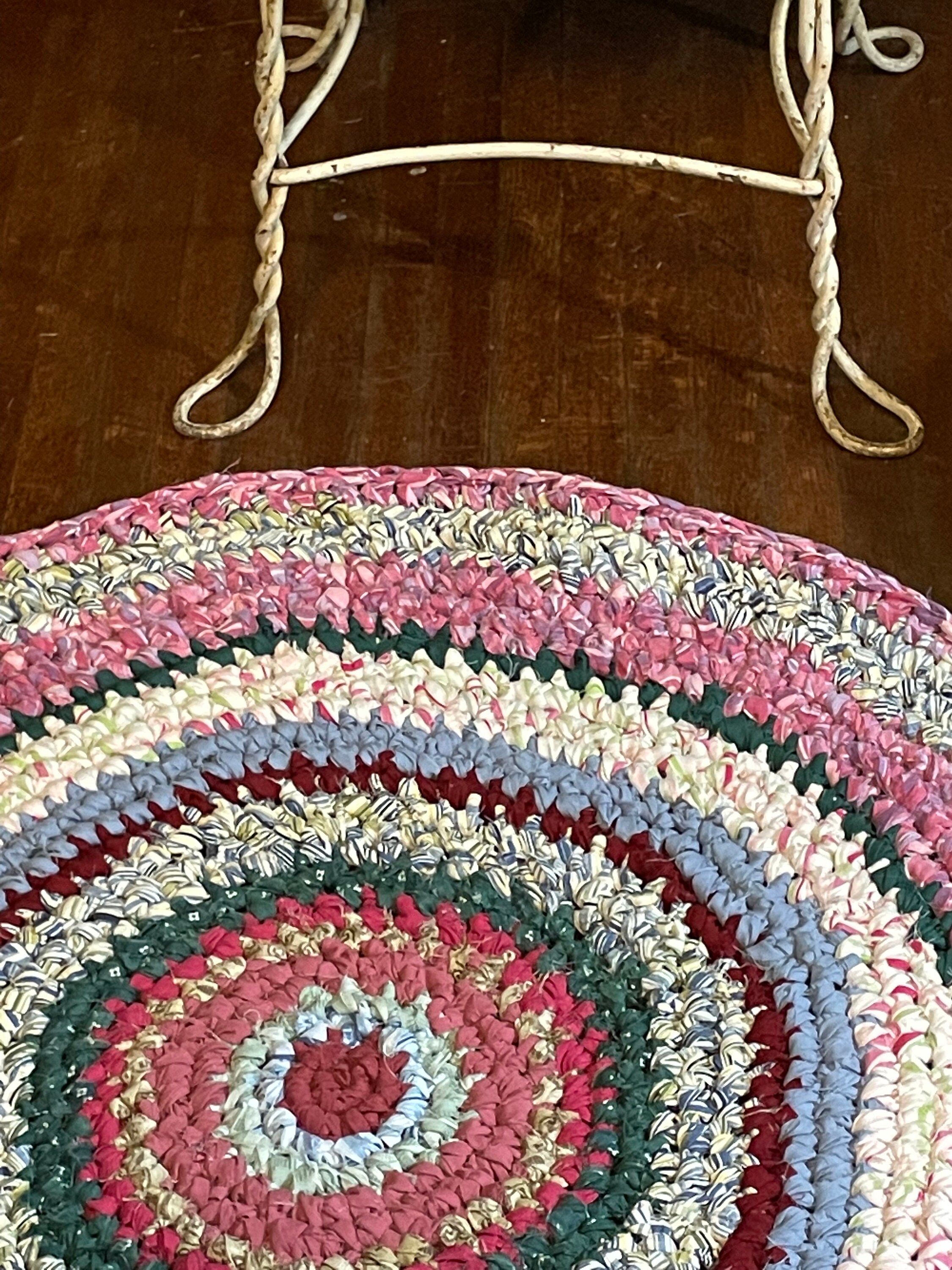 Handmade Farmhouse Rag Rug 32 Inch Diameter Reds, Blues and