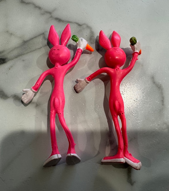 1980s 5 Inches Tall Pink Rabbits With a Carrot Bendy Qty of 2 - Etsy