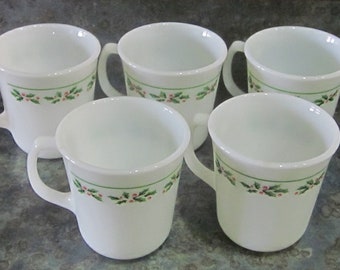 Corning Ware Christmas Holly Mugs 1970 Era Qty of 5