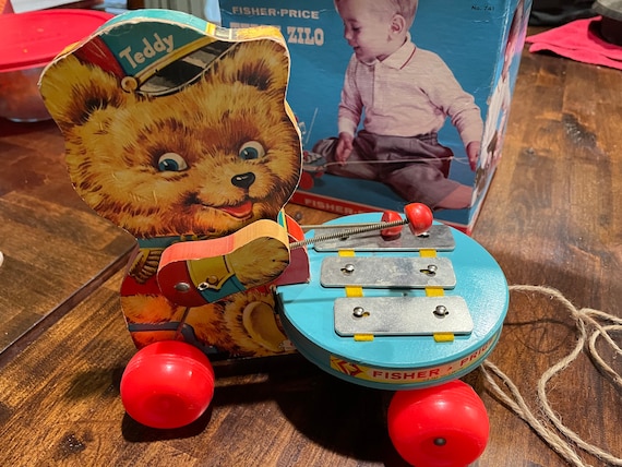 1966 Fisher Price Teddy Zilo Pull Toy wirh Original Box and 
