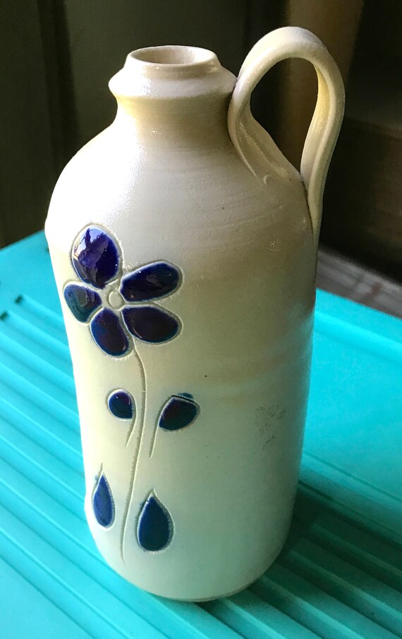 Vintage Williamsburg Pottery Blue and Gray Salt Glazed Pottery Large Candel Holder 1970 Era