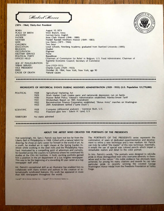 31st President Herbert Hoover Color Portrait 11 X 14 Published in