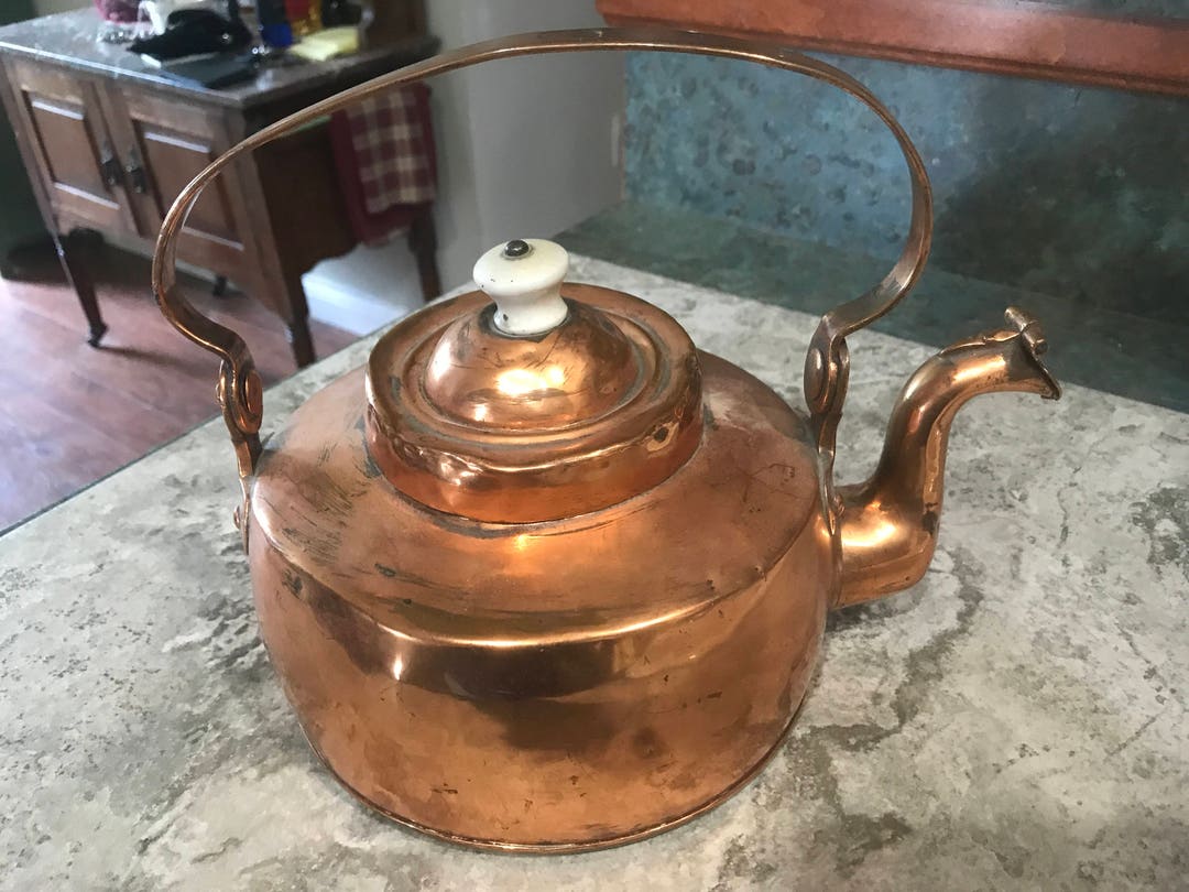 Vintage Copper Vintage Tea Kettle With Hinged Lid on Spout and Swinging