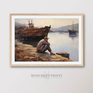 Printable Art, Vintage Maritime Painting, Nautical Art Print of an Old Sailor Sitting on Harbour Wall, Wall Art for Digital Download | SC08