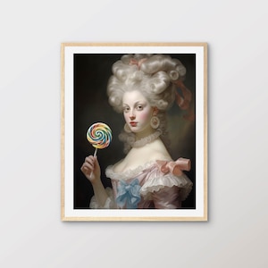 Marie Antoinette Holding Colourful Lollipop, Fun Vintage Style Wall Art | Whimsical 18th Century Queen Art, Playful Rococo Painting | WH1