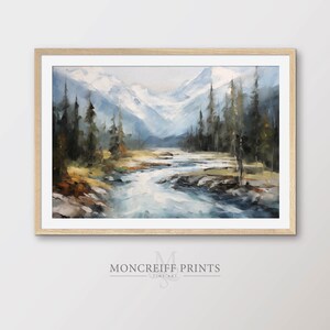Forest River and Snowy Mountains Painting, Great Outdoors Art, Wilderness Landscape, Art Print for Download, Printable Wall Art | LS34