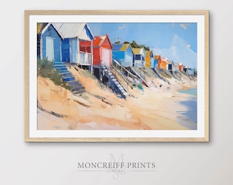 May include: A watercolor painting of colorful beach houses on a sandy beach. The houses are painted in shades of blue, red, yellow, and green. The beach is empty and the sky is blue with white clouds.