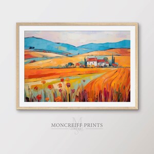 Rural France landscape painting, poppy field artwork, agricultural farmland & flowers painting, impressionist style, digital download | LS28