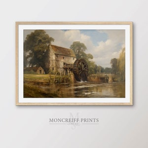 Old Mill and Waterwheel Painting, Rural Landscape, Vintage Oil on Canvas, Home Decor, Printable Wall Art for Digital Download | LS15