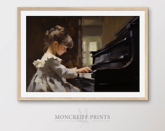 Impresión artística vintage de una chica tocando el piano: Pintura de bellas artes (descarga digital) PT09