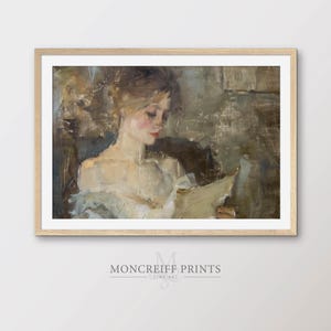 Lámina artística de una carta de amor romántica: cuadro impresionista vintage de mujer leyendo, decoración literaria para pared, descarga digital para dormitorio / G14