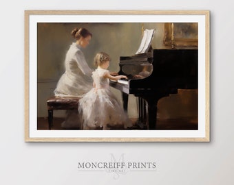 ヴィンテージな母娘のピアノレッスン絵画：クラシック音楽の装飾
