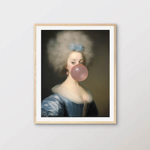 Rococo Style Portrait Art Print, Elegant Lady Blowing Bubble Gum, Whimsical Vintage Wall Art, Digital Download | WH2