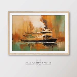 Vintage Riverboat Painting, Nostalgic River Boat Scene, American showboat, Retro Ship Decor, Printable Wall Art | G06