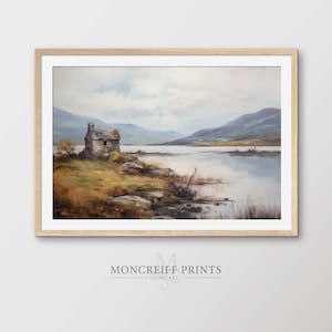 Scottish Highlands Painting, Building by a Scottish Loch, Countryside Landscape, Vintage Oil on Canvas Painting, Aesthetic Home Decor | LS09