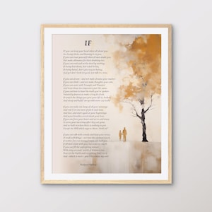 May include: A watercolor painting of a tree with a poem titled "If" by Rudyard Kipling. The poem is printed in a white font on a beige background. The poem is about the importance of resilience, integrity, and perseverance.