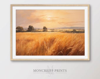 Peinture de paysage coucher de soleil sur un champ de blé : oeuvre d'art de la ferme Golden Hour (téléchargement numérique) LS59