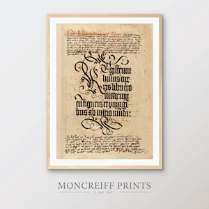 Stampa artistica di calligrafia medievale – Pagina del manoscritto delle Cronache di Norimberga del 1493, decorazione murale in caratteri latini gotici, libro storico / CAL01