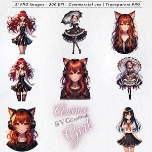 Anime Girl PNG Bundle – 21 High Quality Kawaii Aesthetic Stickers for Sublimation, Journaling, Digital Art