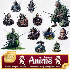 40 anime samoerai png-bundel | Clipart Japanse krijger poseert voor Cricut, sublimatie, stickers en T-shirts